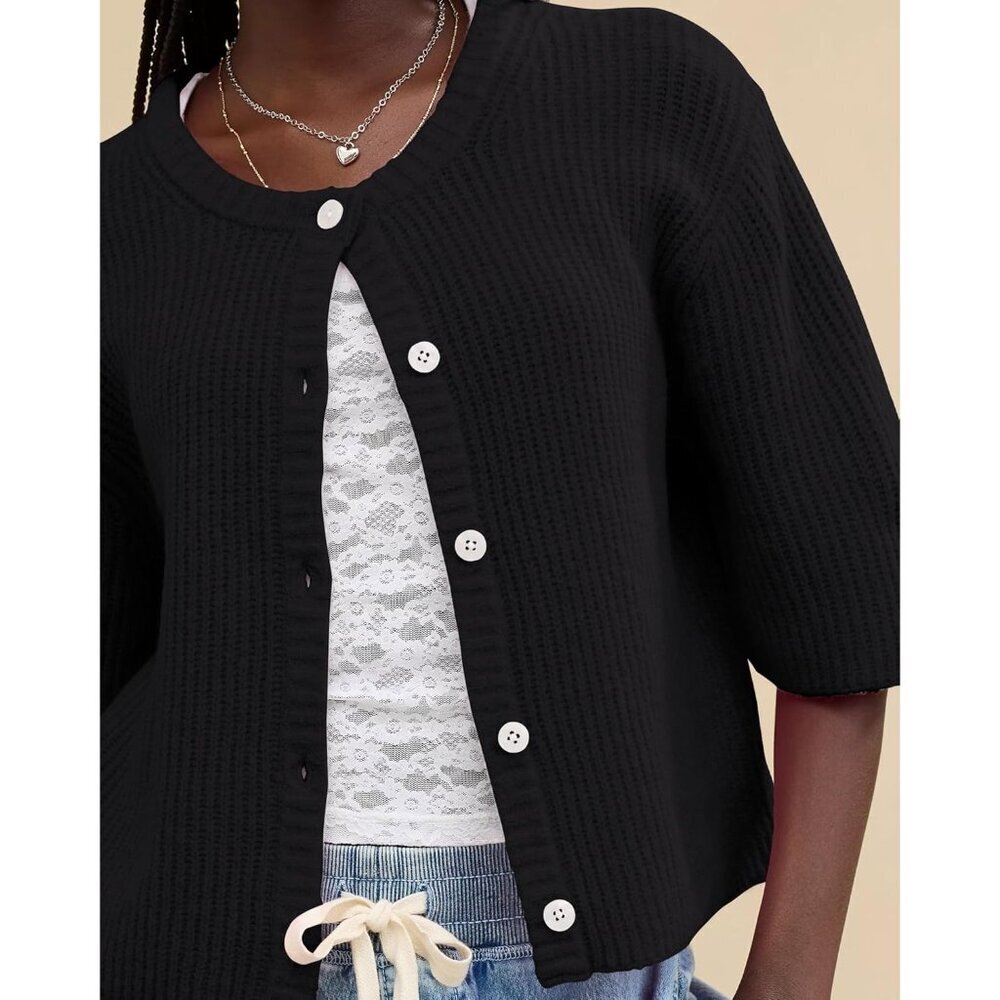 Women's Lightweight Cotton Short Sleeve Cardigan Crewneck Button Casual Top - Picture 3 of 5